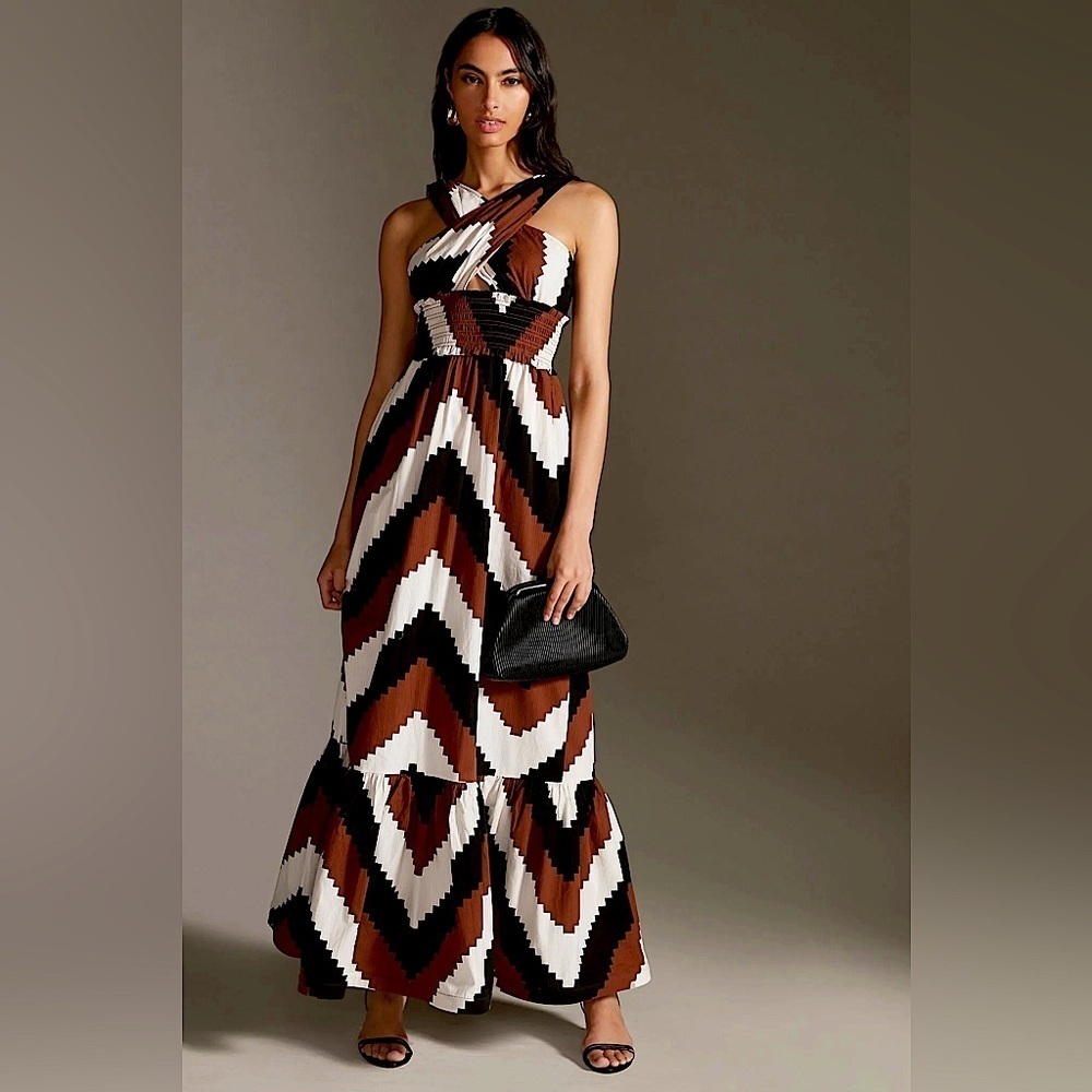 Anthropologie Tiered Maxi Dress Brown Size Small Smocked Vacation Travel Resort